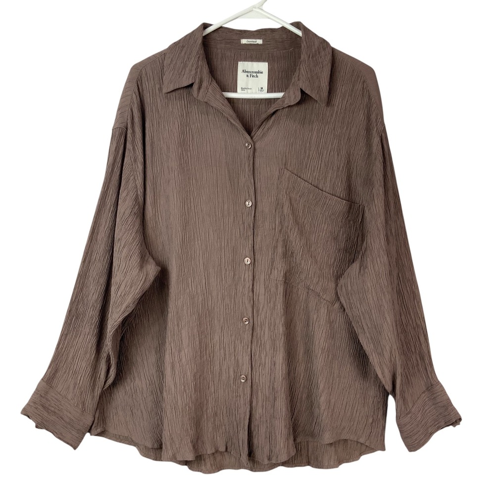 Abercrombie & Fitch Brown Crinkle Shirt M Button Up Collared Long Sleeve Pocket